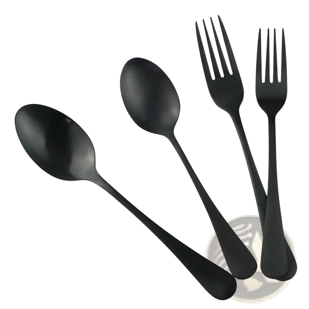 Set of four matte black stainless steel flatware pieces with a matte finish for elegant dining use