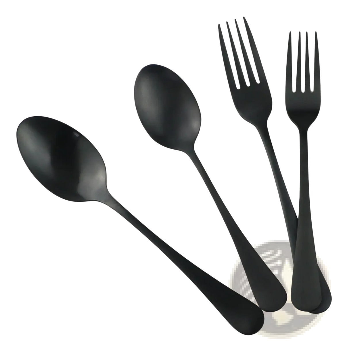 Set of four matte black stainless steel flatware pieces with a matte finish for elegant dining use