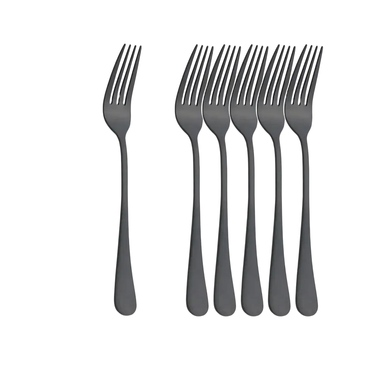 Set of seven matte black stainless steel dinner forks 21 cm long with sleek modern design for flatware use