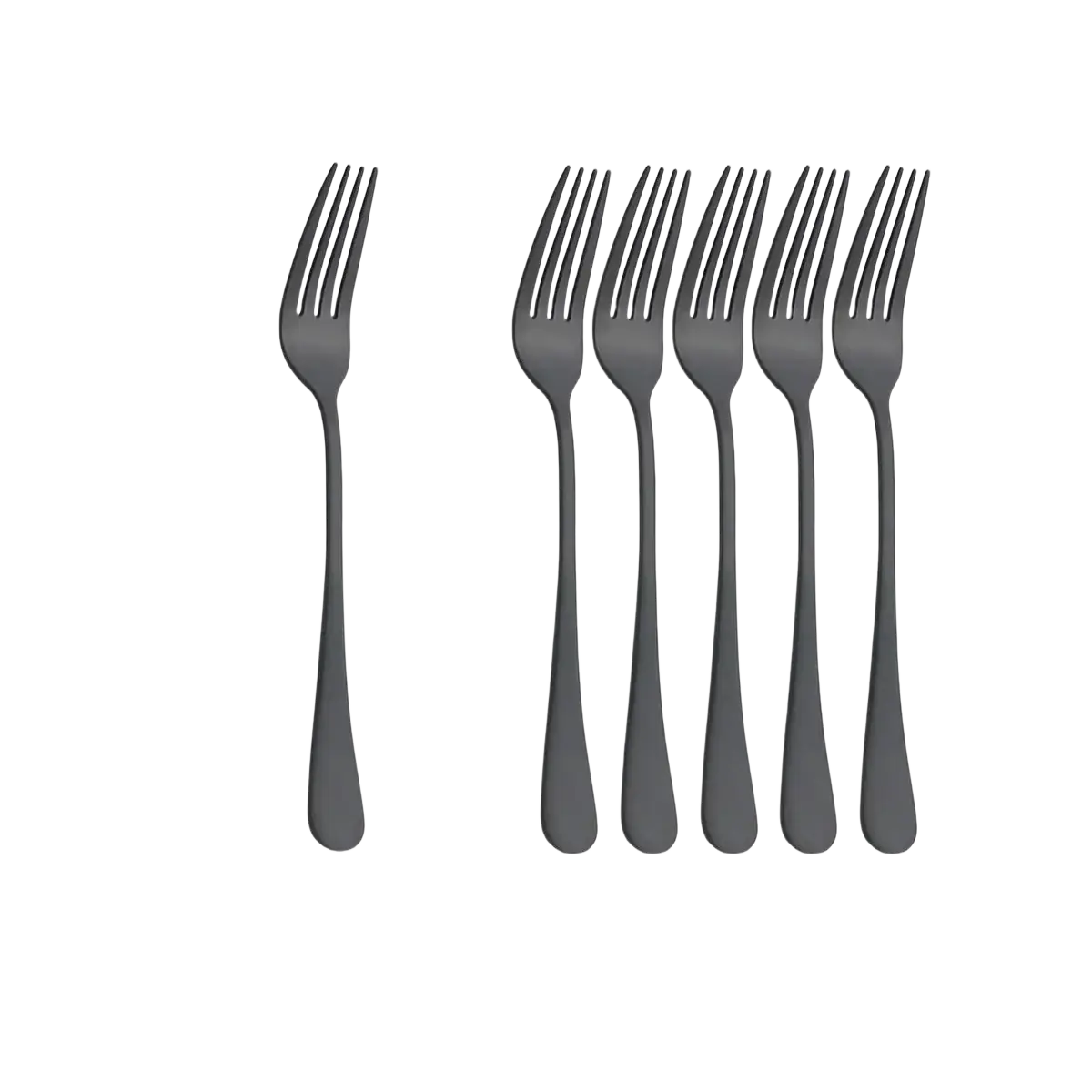 Set of six matte black stainless steel dessert forks 19 cm long with sleek modern design for flatware use