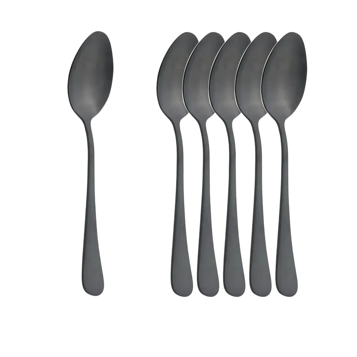 Set of six matte black stainless steel dinner spoons with sleek modern design in a flatware set