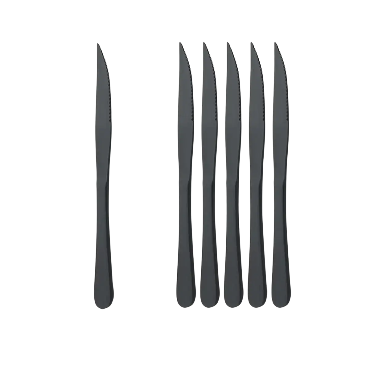 Set of six matte black stainless steel steak knives with serrated edges and sleek modern handles
