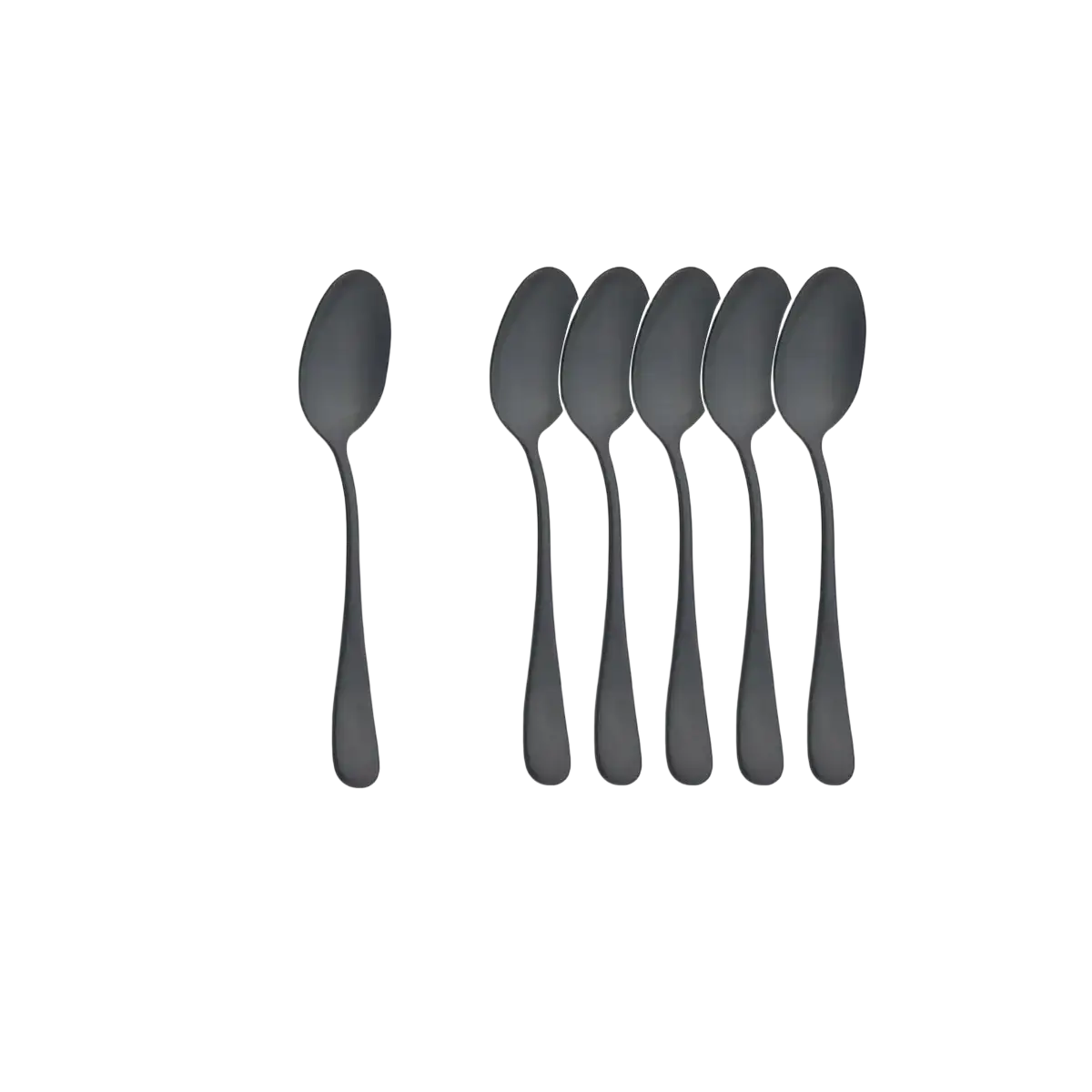 Set of six matte black stainless steel tea spoons 14 cm long with a sleek modern design for flatware use