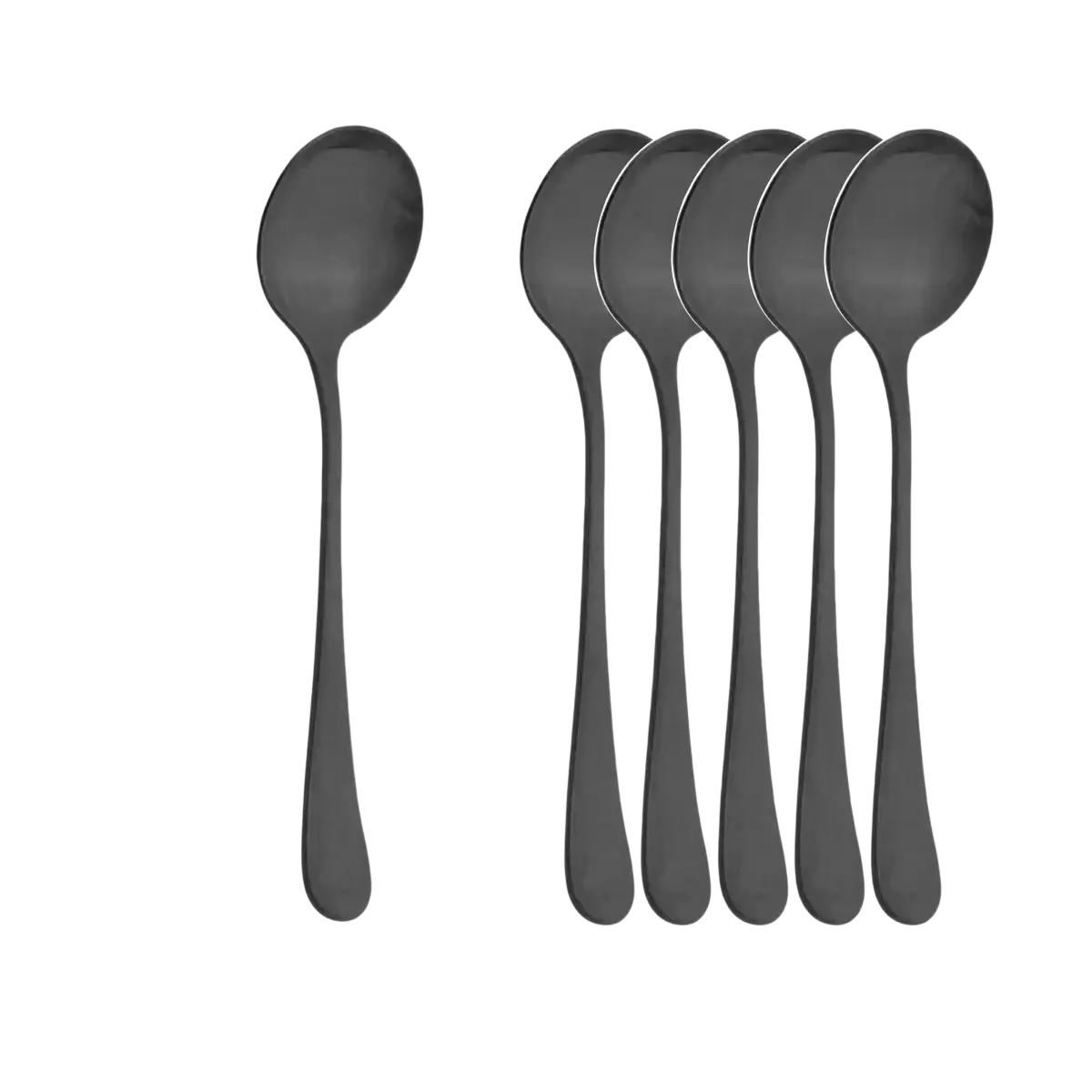 Set of six matte black stainless steel round soup spoons 18.5 cm with sleek modern design and smooth handles