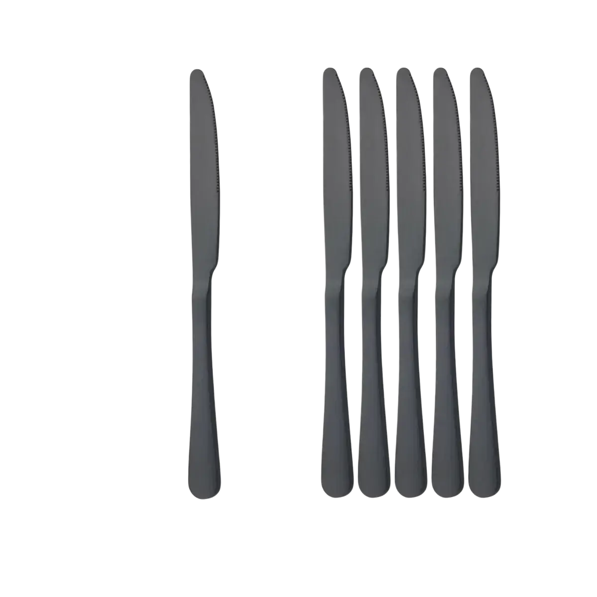 Set of six matte black stainless steel dinner knives 23 cm long with a sleek modern design flatware set