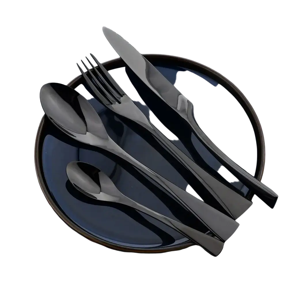 Matte black stainless steel flatware set featuring sleek black matte-finished cutlery on a dark blue plate