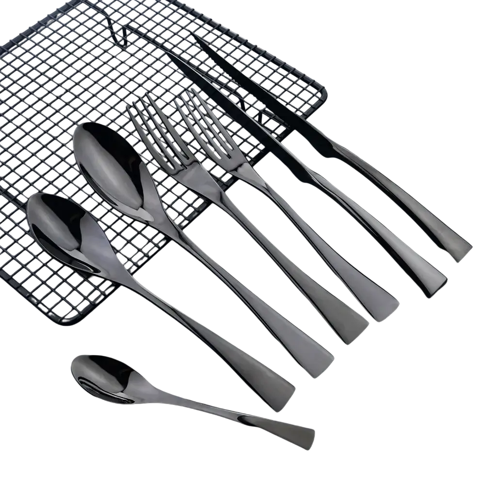 Set of matte black stainless steel flatware with sleek matte finish and modern tapered handles