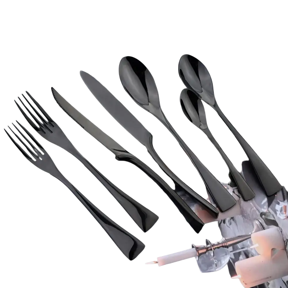 Set of sleek black matte stainless steel flatware with modern ergonomic handles for stylish dining use