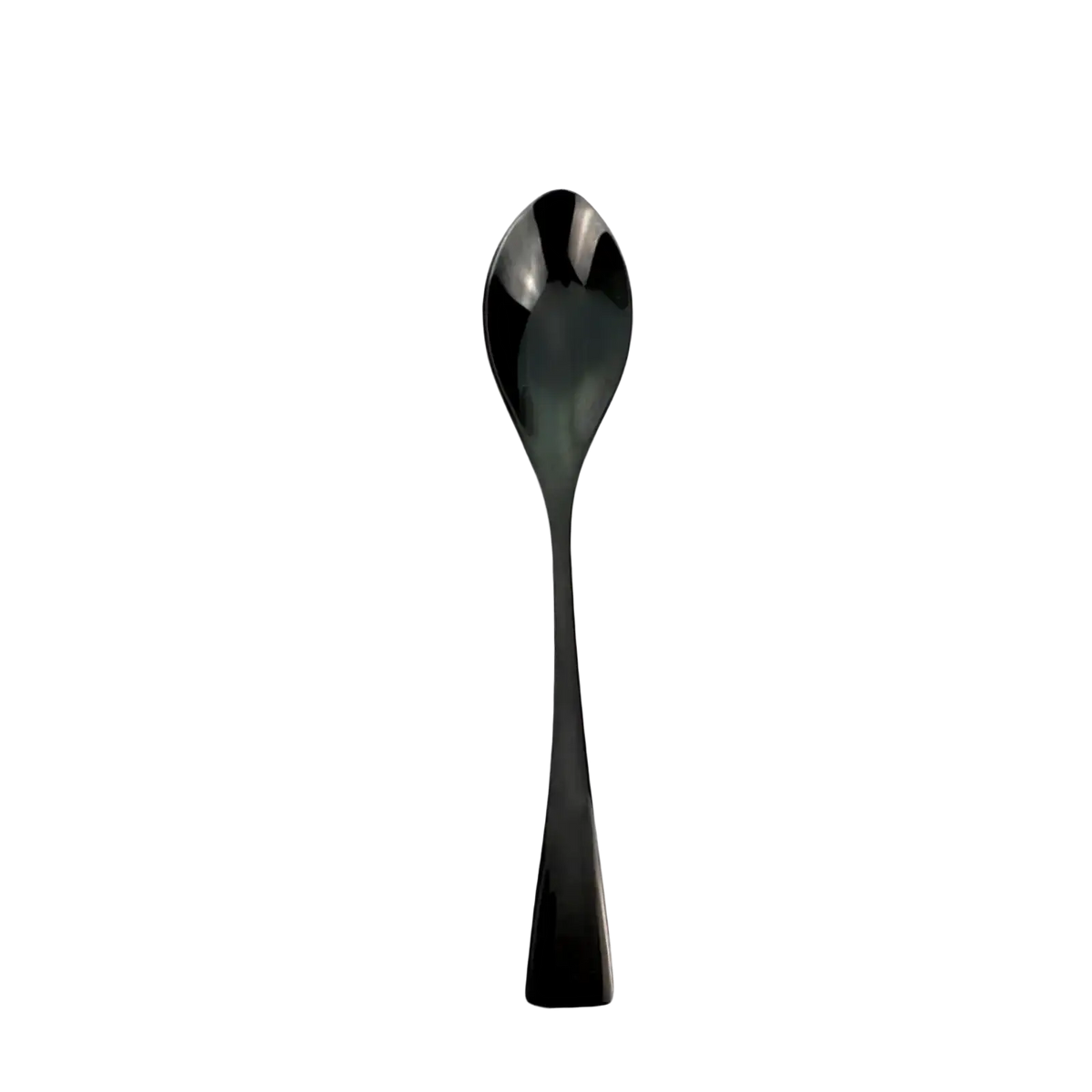 A sleek black stainless steel dessert spoon with a polished reflective surface and slender handle from the matte black flatware set