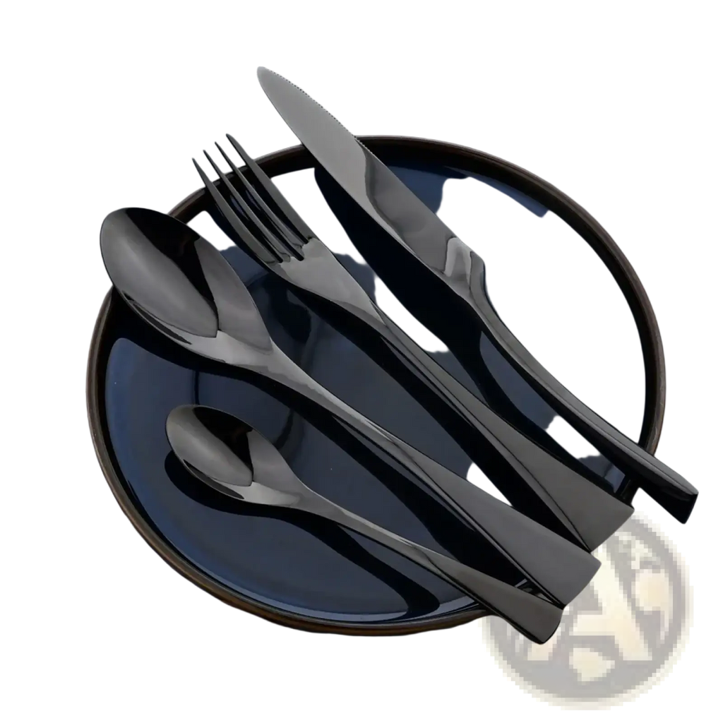 Matte black stainless steel flatware set featuring sleek black matte-finished cutlery on a dark blue plate