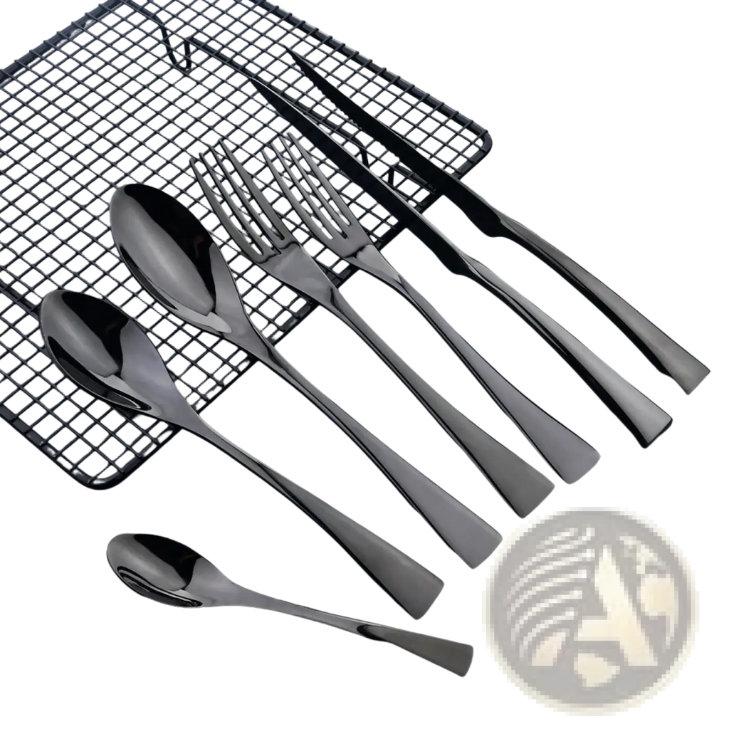 Set of matte black stainless steel flatware with sleek matte finish and modern tapered handles