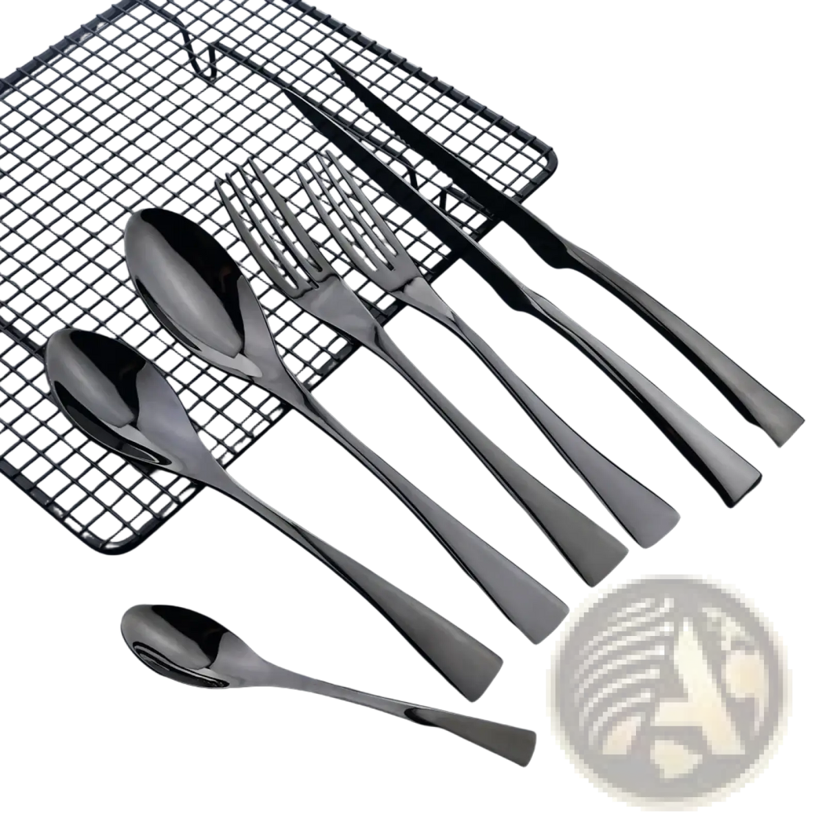 Set of matte black stainless steel flatware with sleek matte finish and modern tapered handles