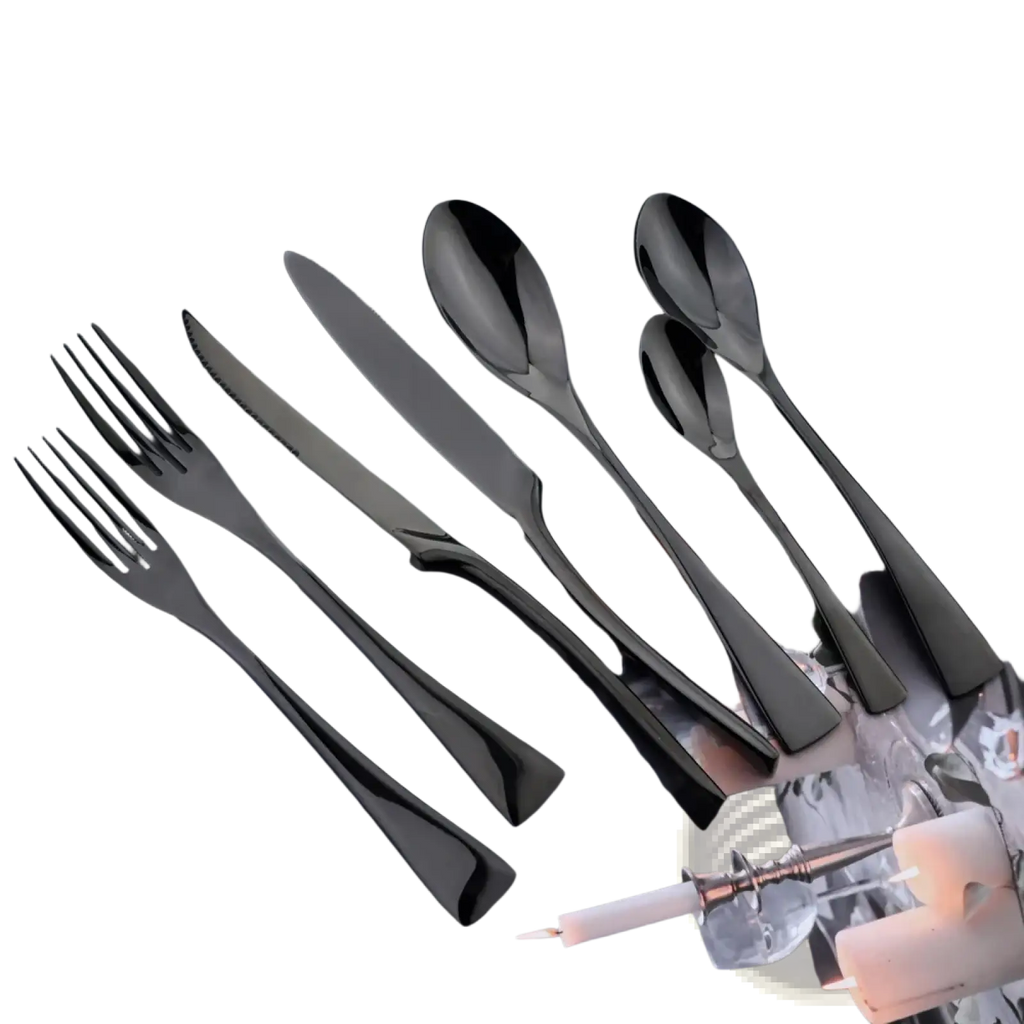 Set of sleek black matte stainless steel flatware with modern ergonomic handles for stylish dining use