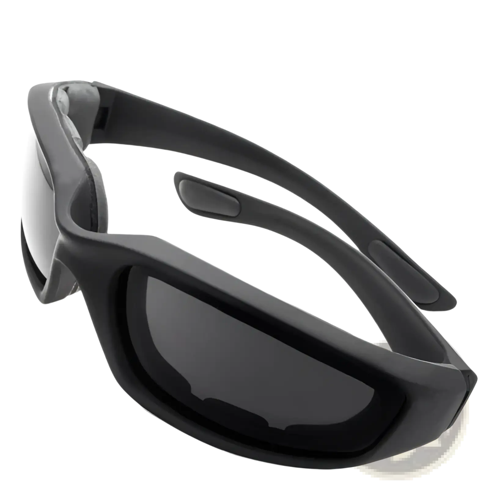 Matte black wind resistant motorcycle riding goggles with black matte finish, dark tinted lenses, and rugged angular frame