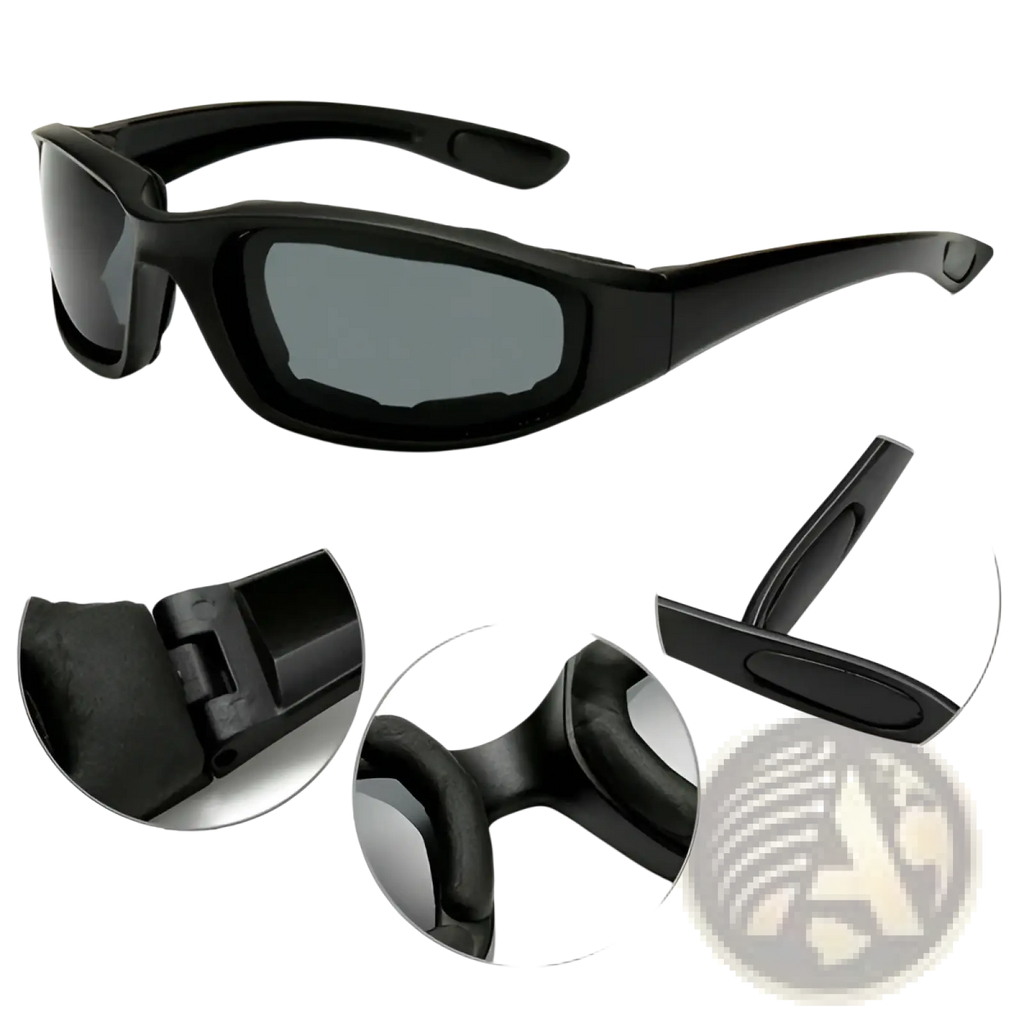 Matte black wind resistant motorcycle riding goggles with black plastic frame and dark gray sporty lenses