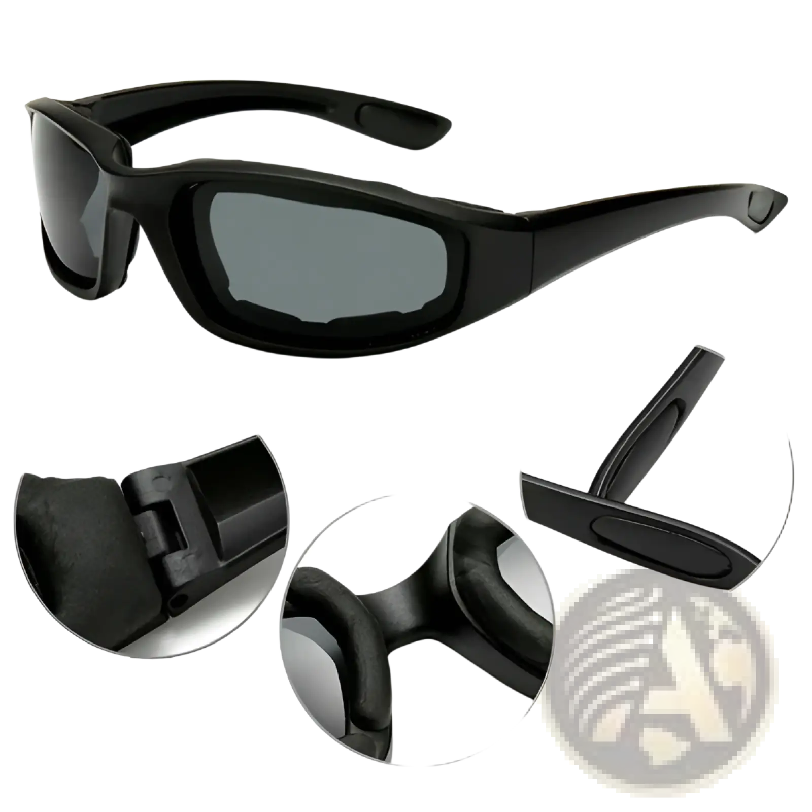Matte black wind resistant motorcycle riding goggles with black plastic frame and dark gray sporty lenses