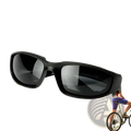 Matte black wind resistant motorcycle riding goggles with black frames and dark mirrored lenses for outdoor sports use
