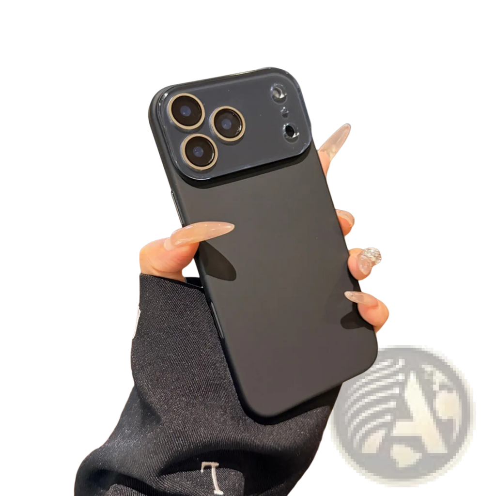 Black matte full body iphone 13 pro max case with camera lens cover shown from the back side