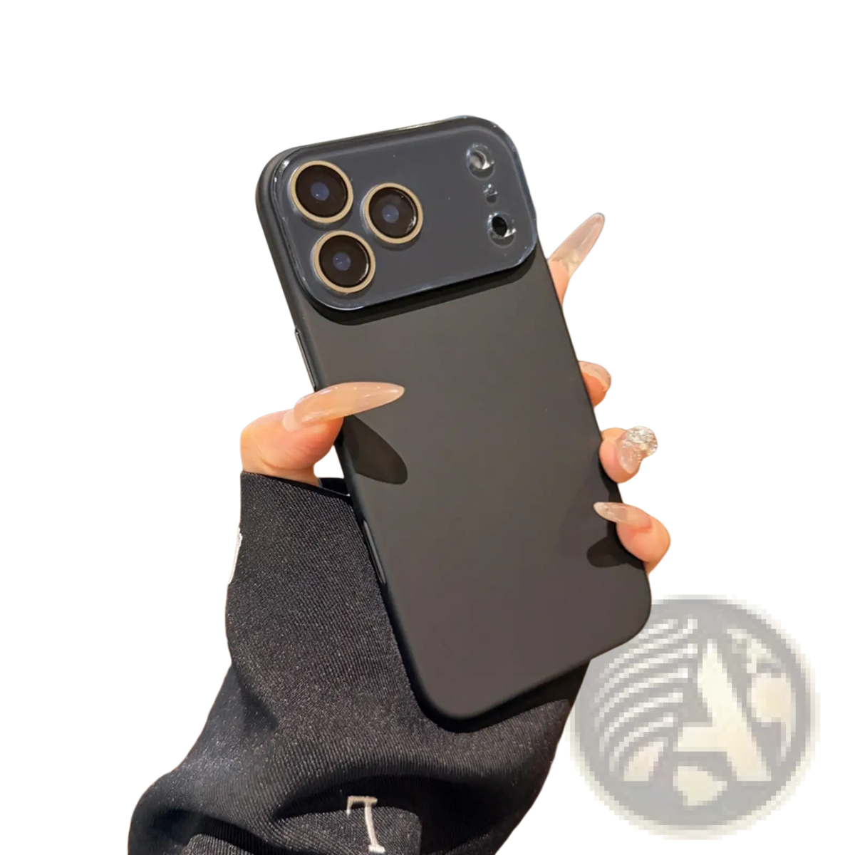 Black matte full body iphone 13 pro max case with camera lens cover shown from the back side