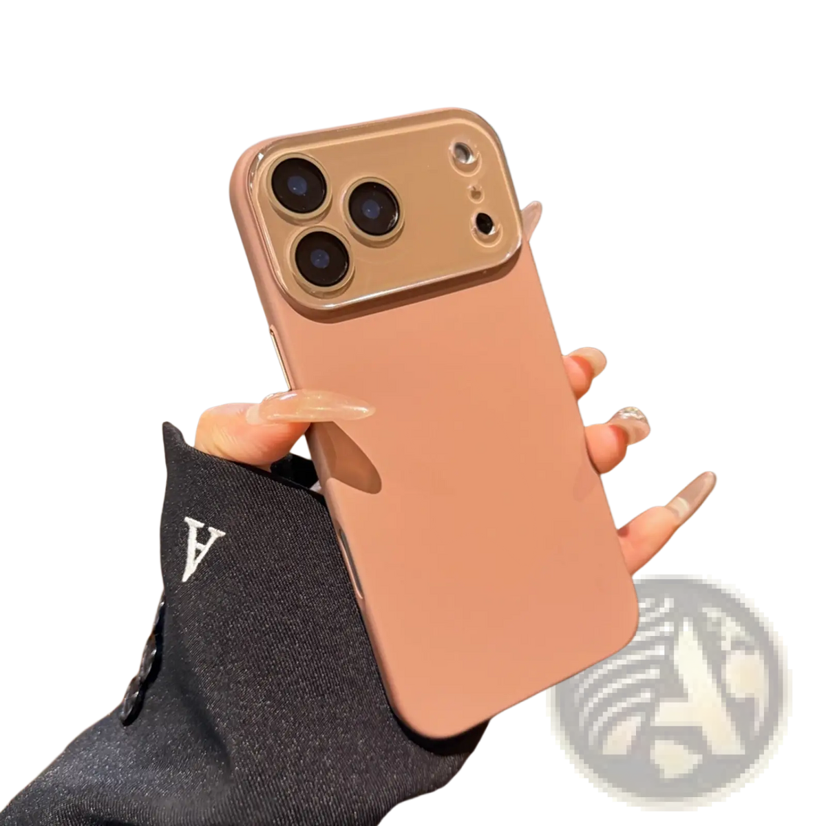 A sleek rose gold matte full body lens protecting iphone case shown from the back with a precise camera cutout