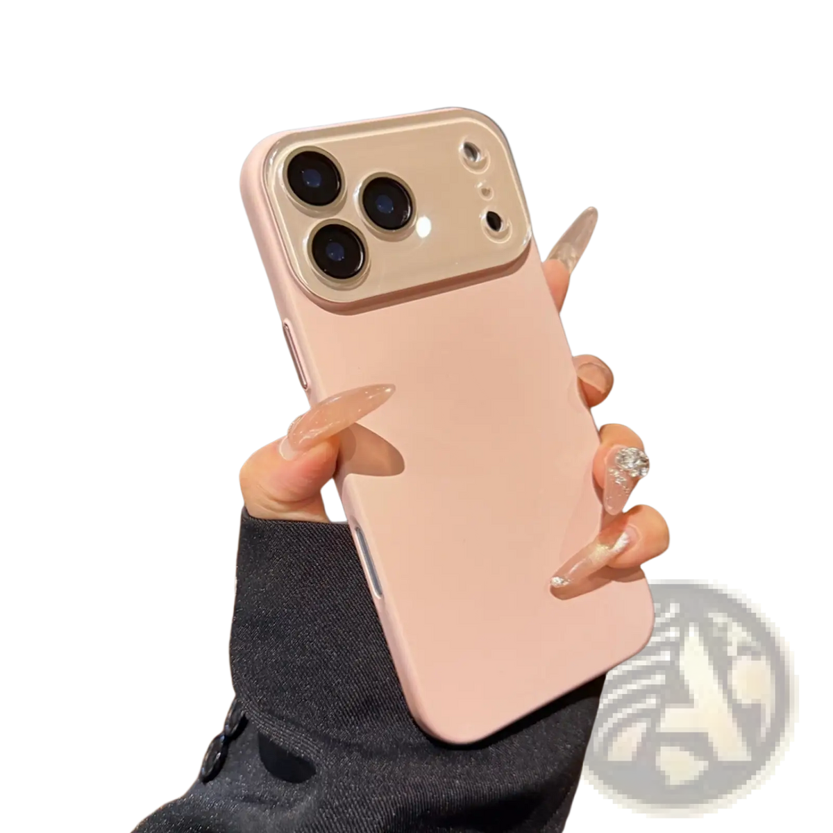Matte full body lens protecting iPhone case showing the back side with a sleek matte pink finish and metallic camera frame
