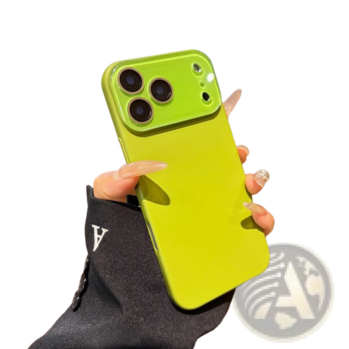 Vibrant lime green matte full body lens protecting iPhone case showing the back with precise camera cutouts