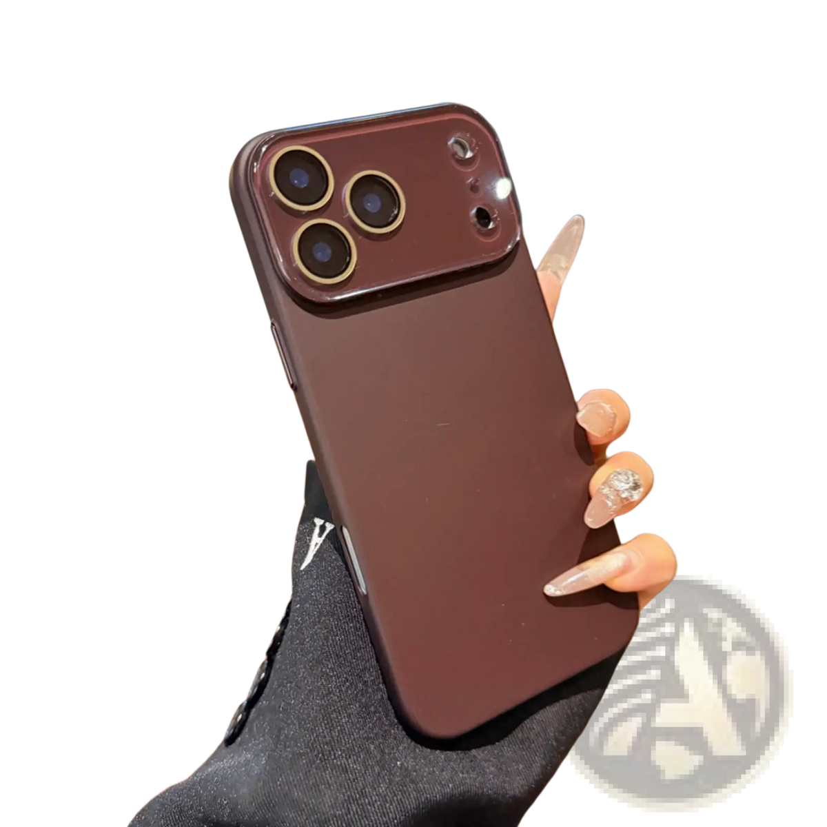 Matte full body lens protecting iphone case showing the back side in sleek burgundy with gold-trimmed camera cover