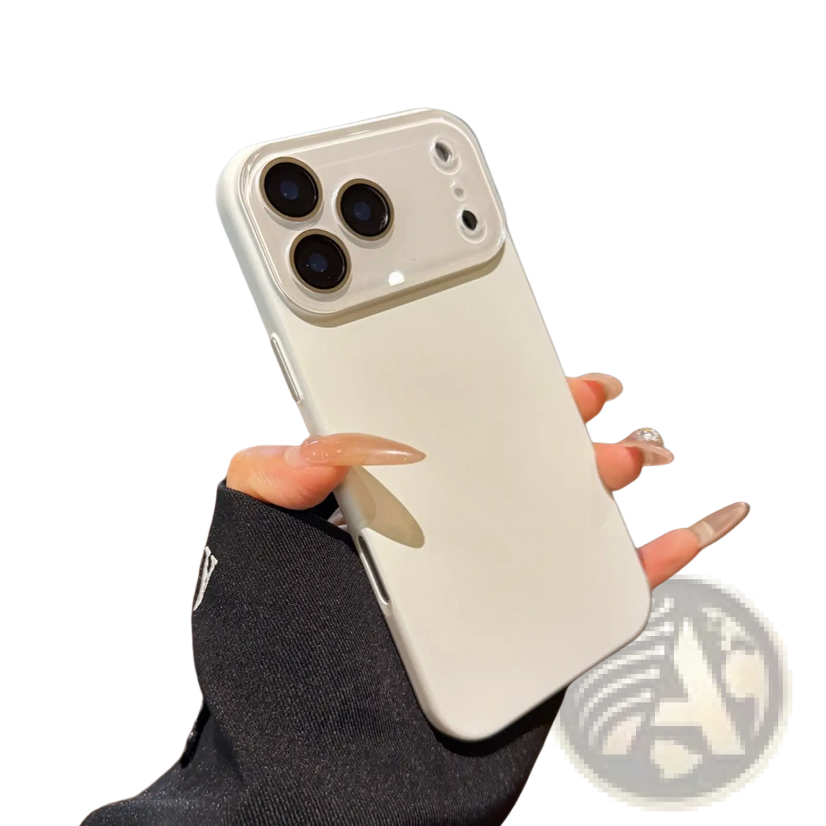 Back view of a white matte full body phone case for iphone with a sleek minimalist design and raised triple-lens camera cutout