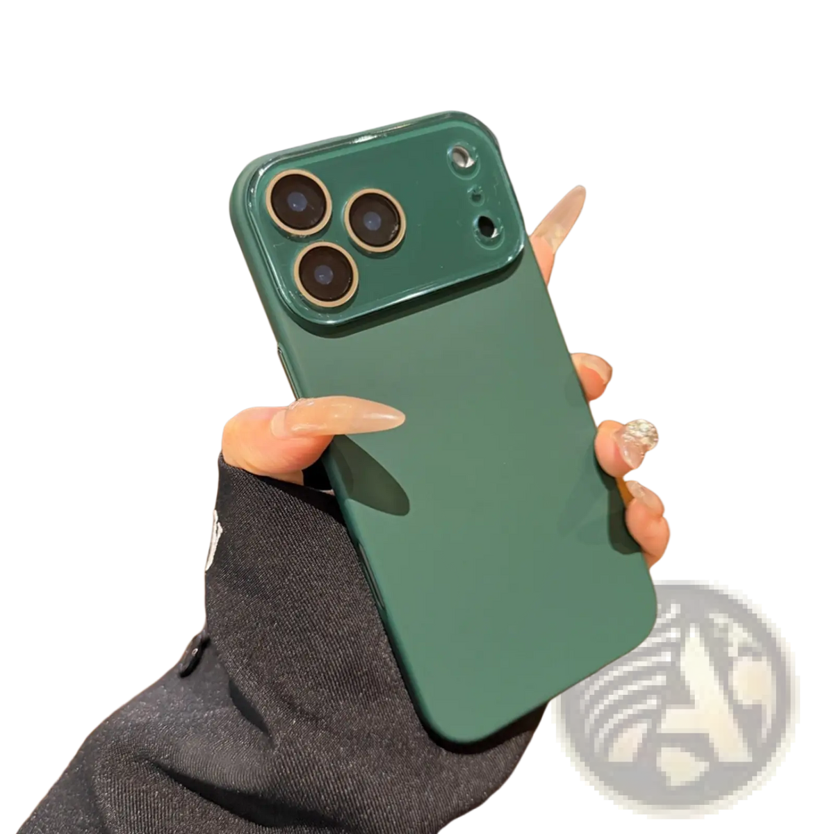 Back side of a sleek matte green full body iphone case with a glossy triple lens camera module and gold-toned accents