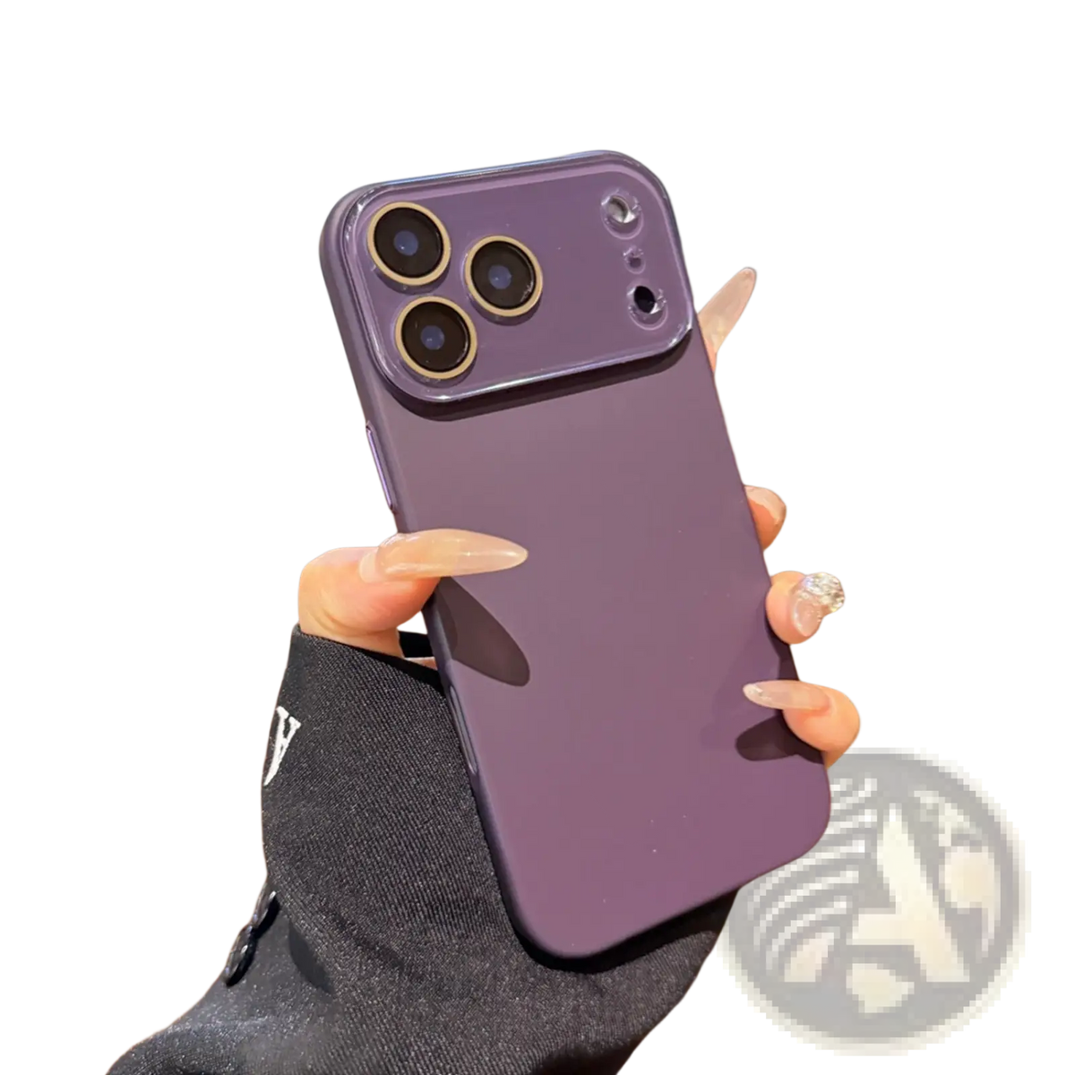 Back side of a purple matte full body iphone phone case with raised camera module and gold accents