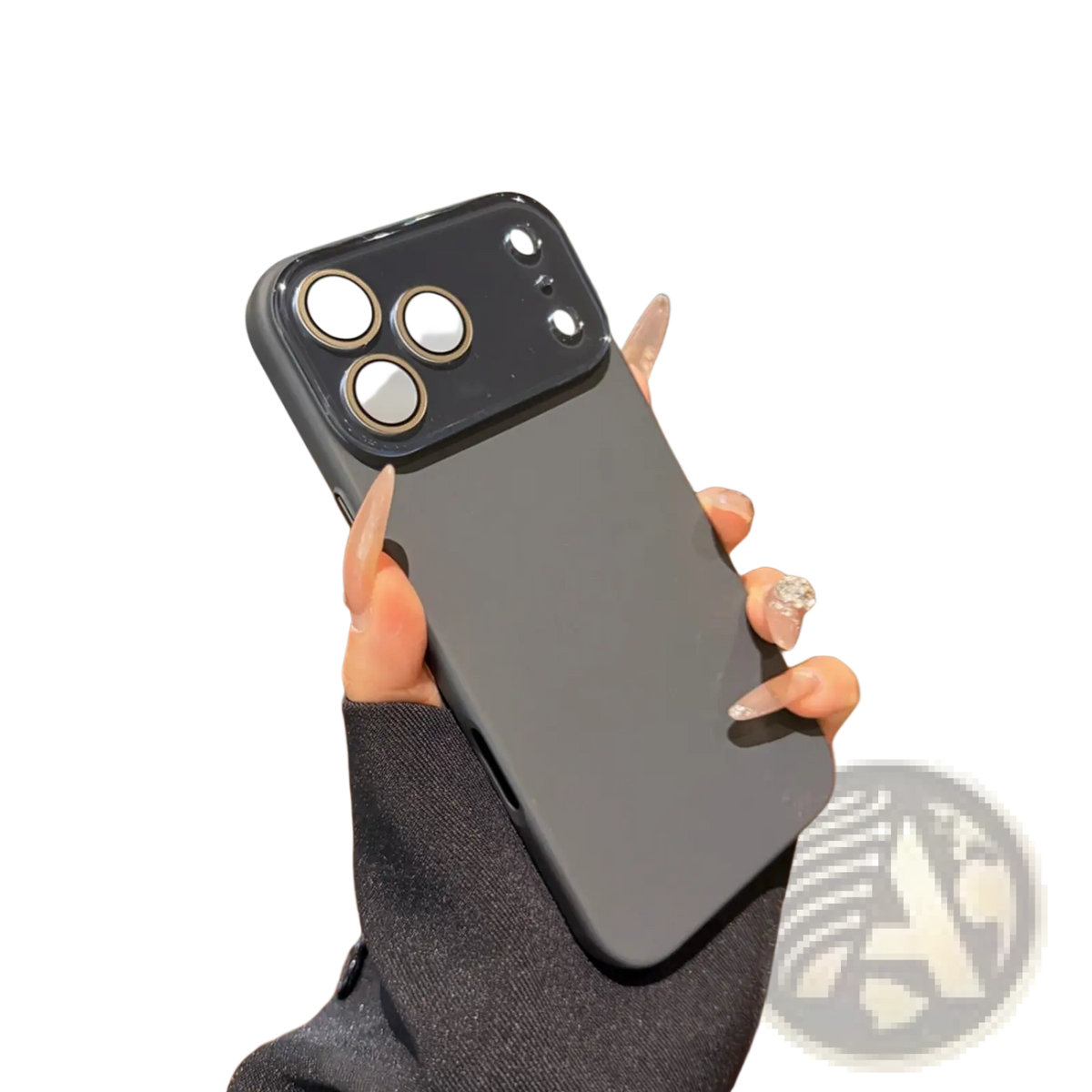 Back side of a black matte full body phone case with gold trimmed camera cutout for iphone 13 pro