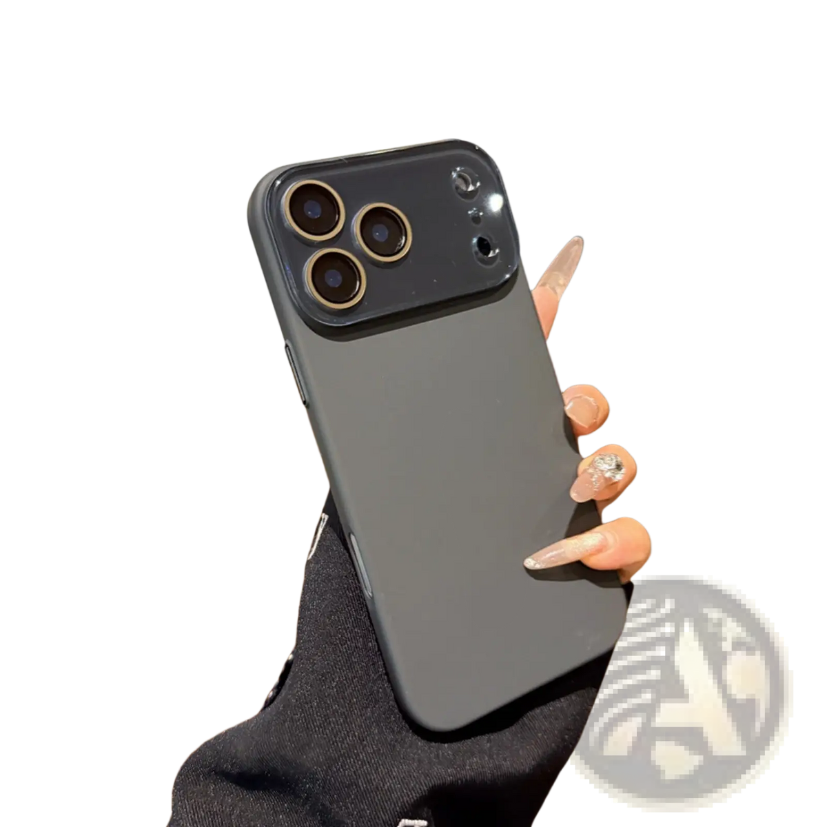 Back side of a matte full body phone case for iPhone in black with gold-trimmed camera cutout