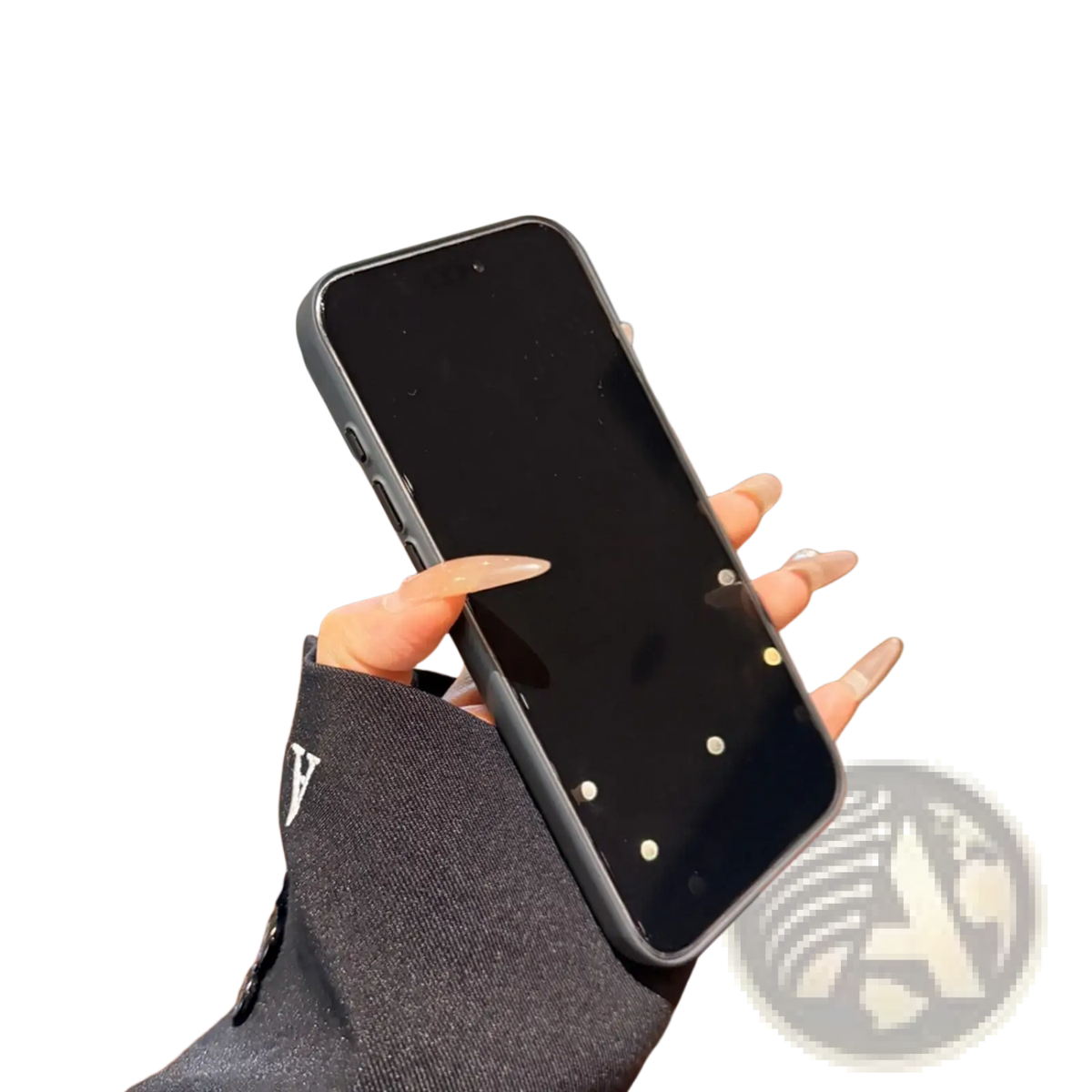 Matte full body black iphone phone case with subtle gold accent dots along the edges showing the back side