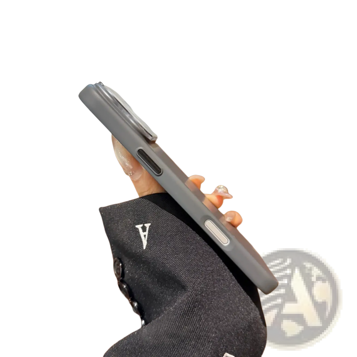 Back side of matte full body phone case for iPhone in gray with sleek matte finish and subtle cutouts for buttons and ports