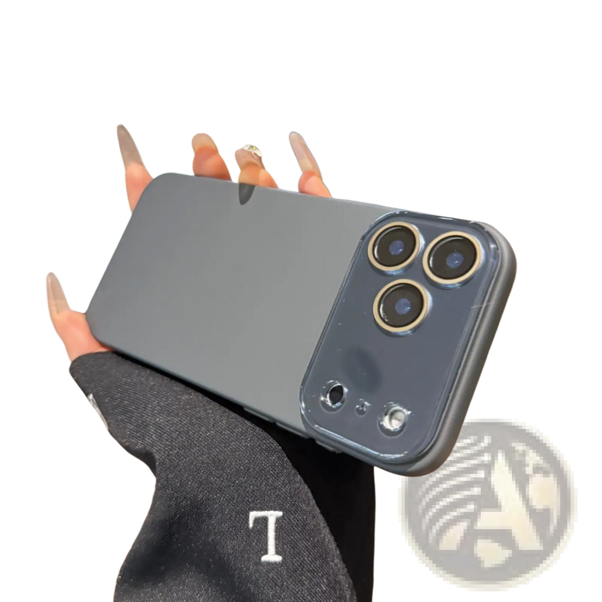 Back side of a sleek matte gray full body phone case with a transparent camera border for iphone 13 pro
