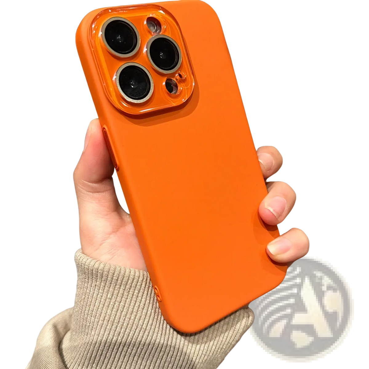 Matte full body iphone case in vibrant orange silicone with transparent glossy camera lens cover shown from back side