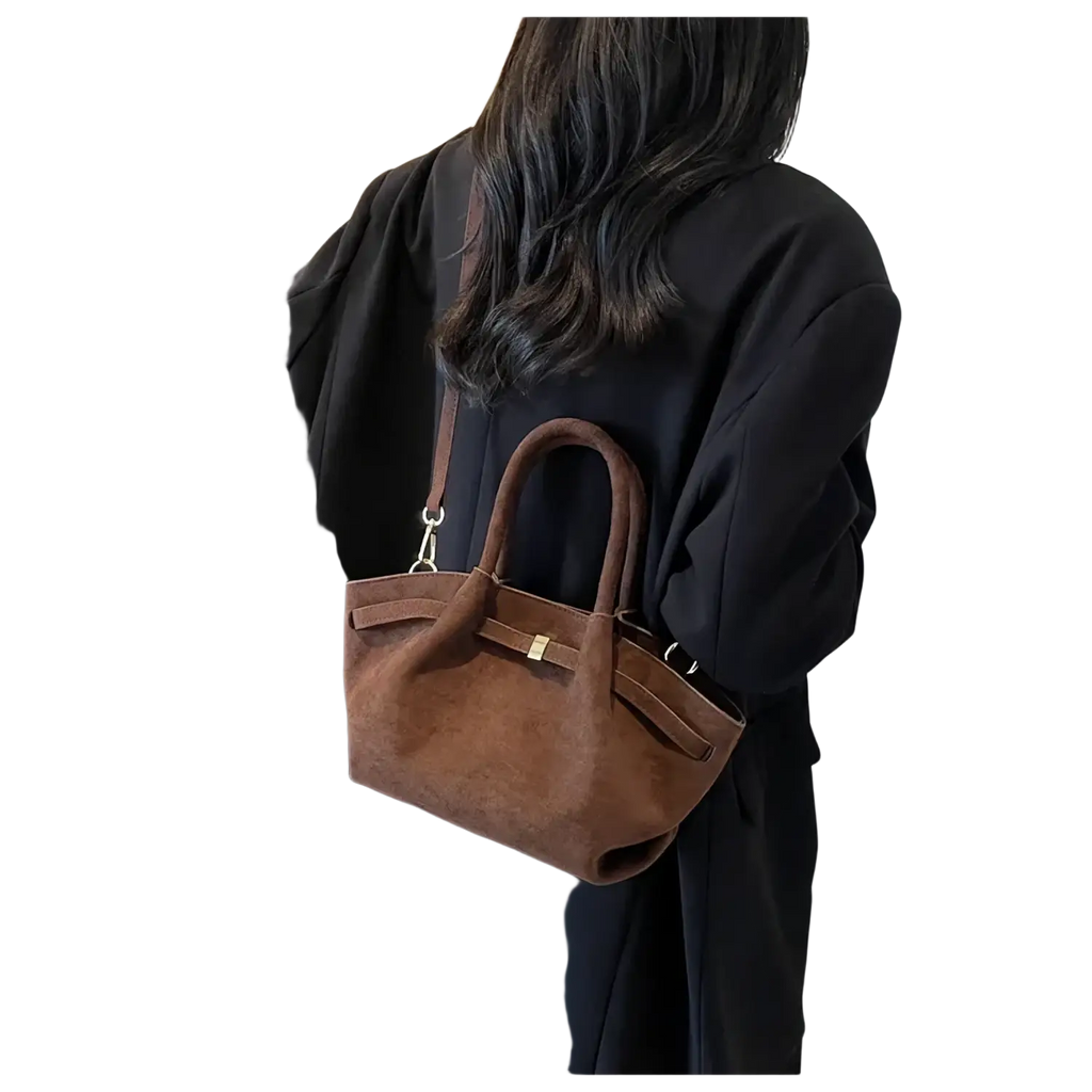 Brown suede matte leather crossbody bag with top handles gold-tone clasp and detachable shoulder strap for versatile use