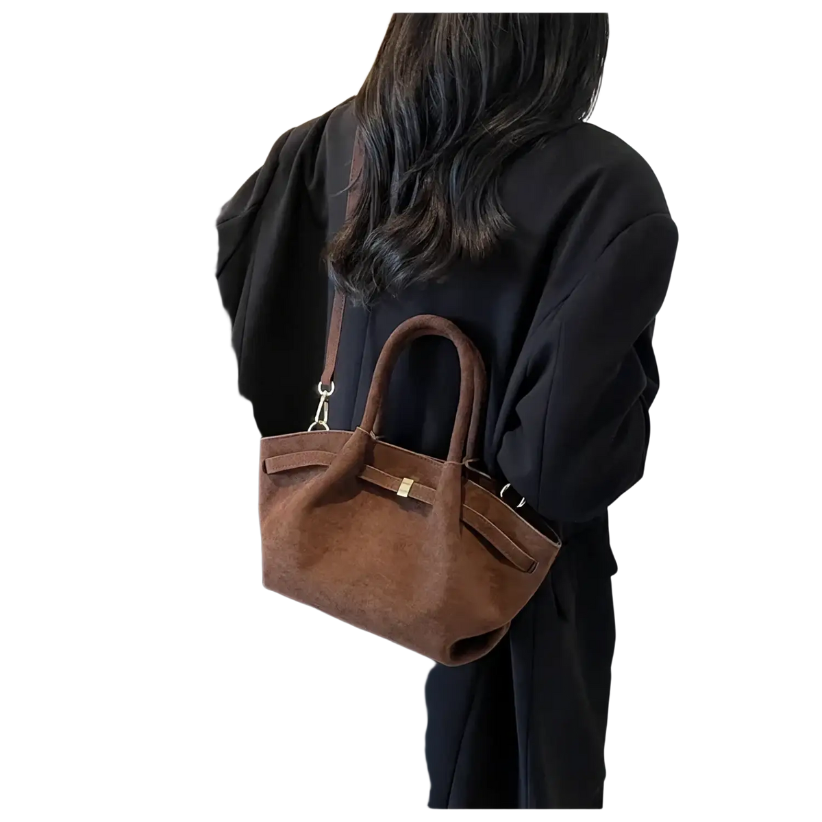 Brown suede matte leather crossbody bag with top handles gold-tone clasp and detachable shoulder strap for versatile use