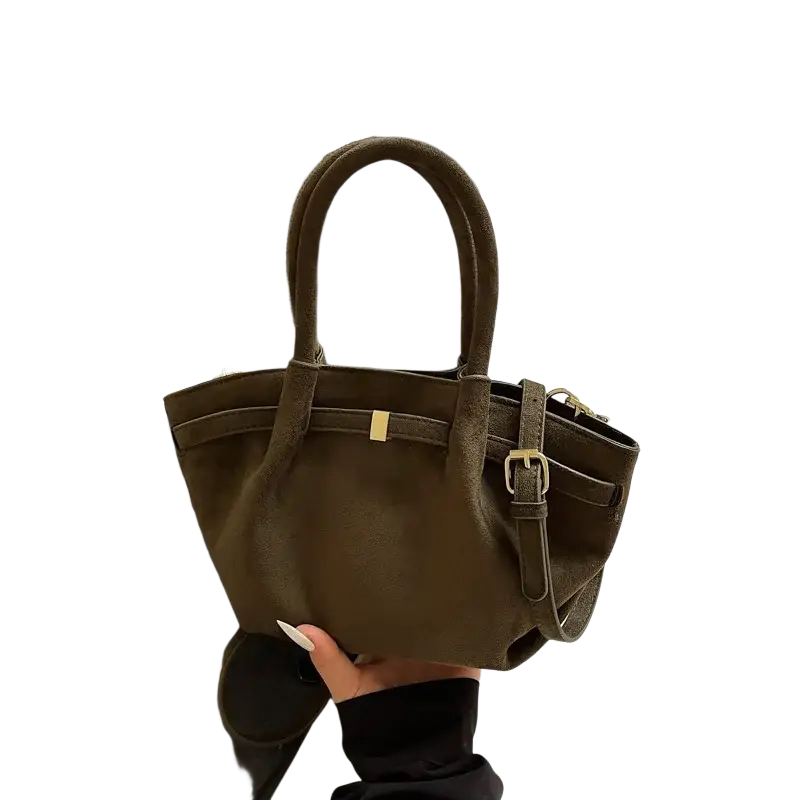 Olive green suede matte leather crossbody bag with gold-tone hardware top handles and shoulder strap for versatile wear