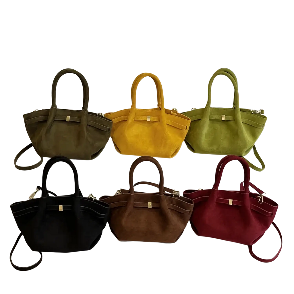 Matte leather crossbody bags with shoulder strap in olive, yellow, lime green, black, brown, and red suede with gold buckles