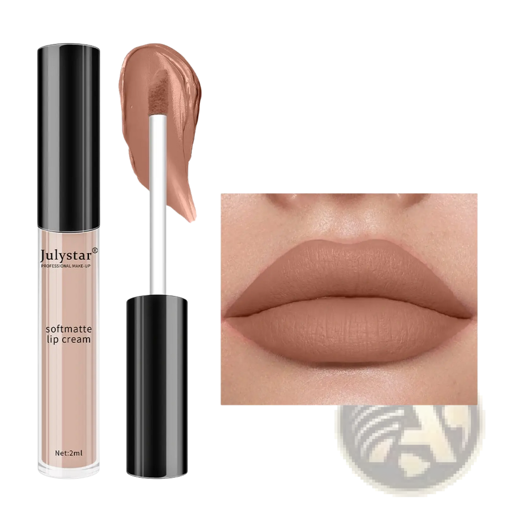 Julystar softmatte lip cream shade 01# nonstick liquid lipstick 2ml with nude beige matte finish and black cap
