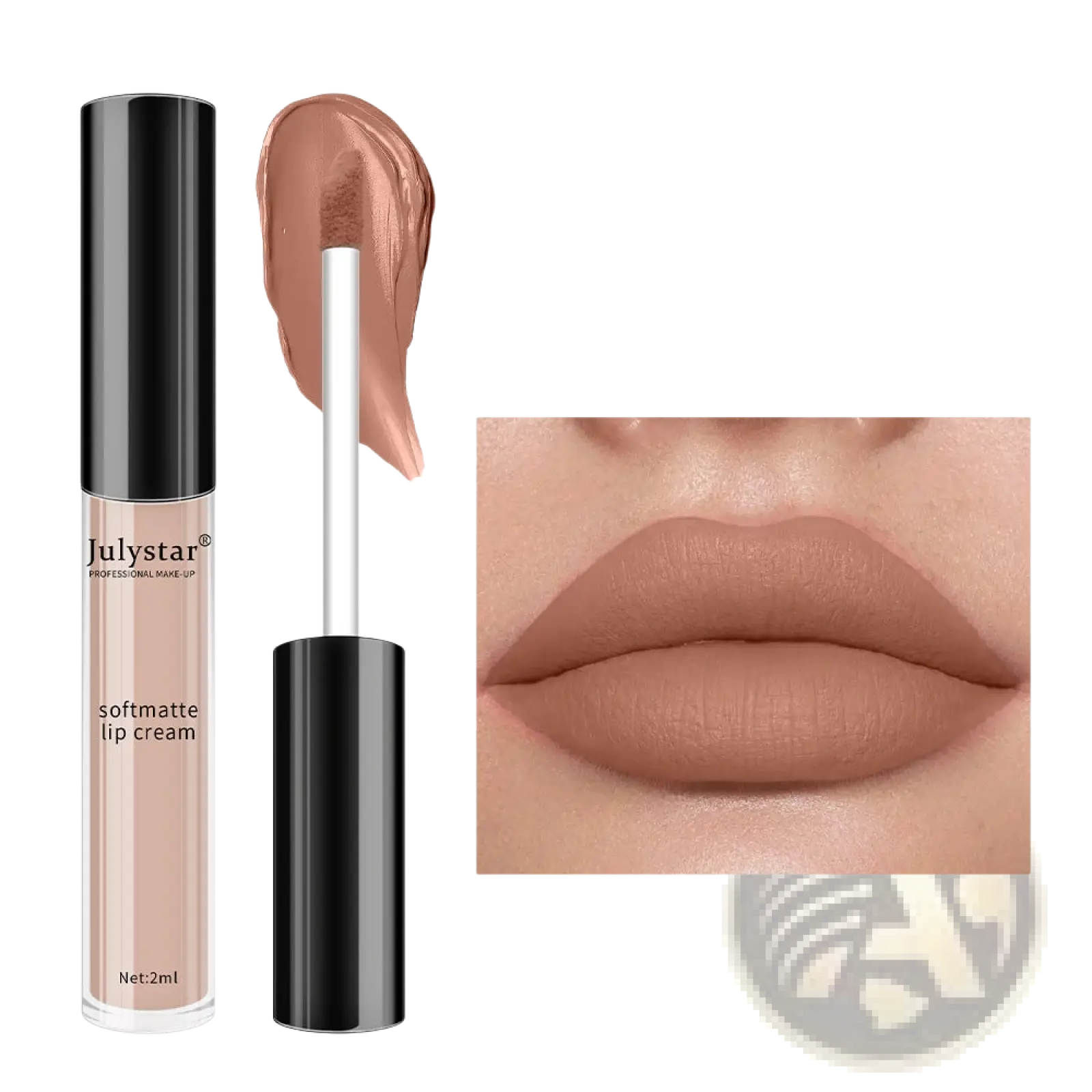 Julystar softmatte lip cream shade 01# nonstick liquid lipstick 2ml with nude beige matte finish and black cap