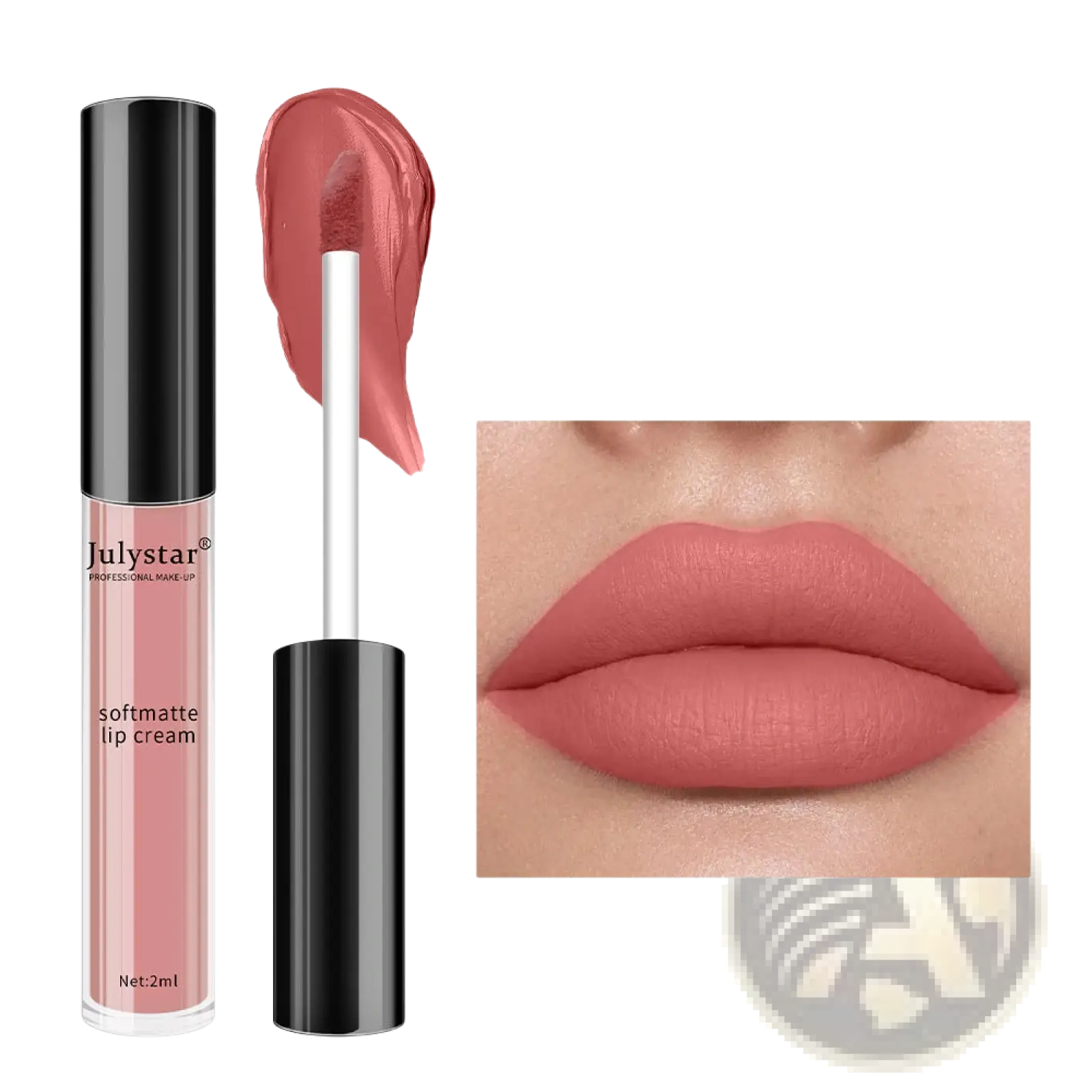 Julystar matte lip cream nonstick liquid lipstick 2ml in shade 02 muted rose-pink with white applicator in sleek black tube