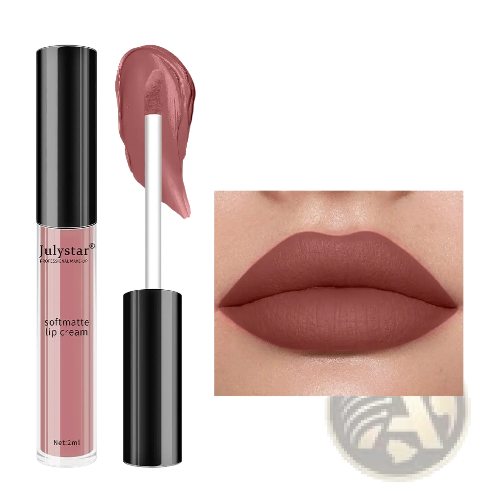 Julystar matte lip cream nonstick liquid lipstick 2ml in shade 03 with muted rose-brown matte finish in black tube