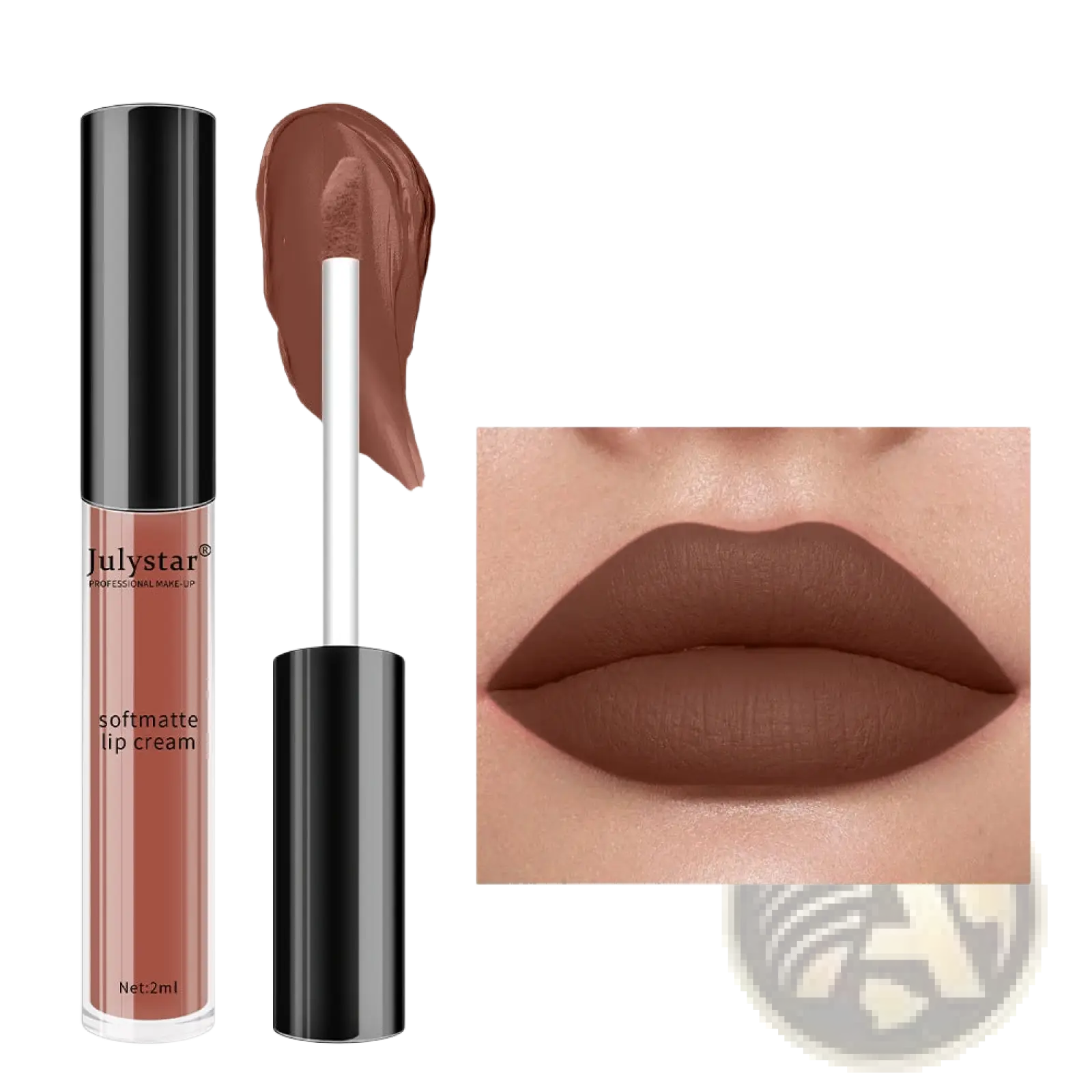 Julystar matte lip cream nonstick liquid lipstick 2ml in shade 04 featuring a sleek black tube with transparent matte brown body