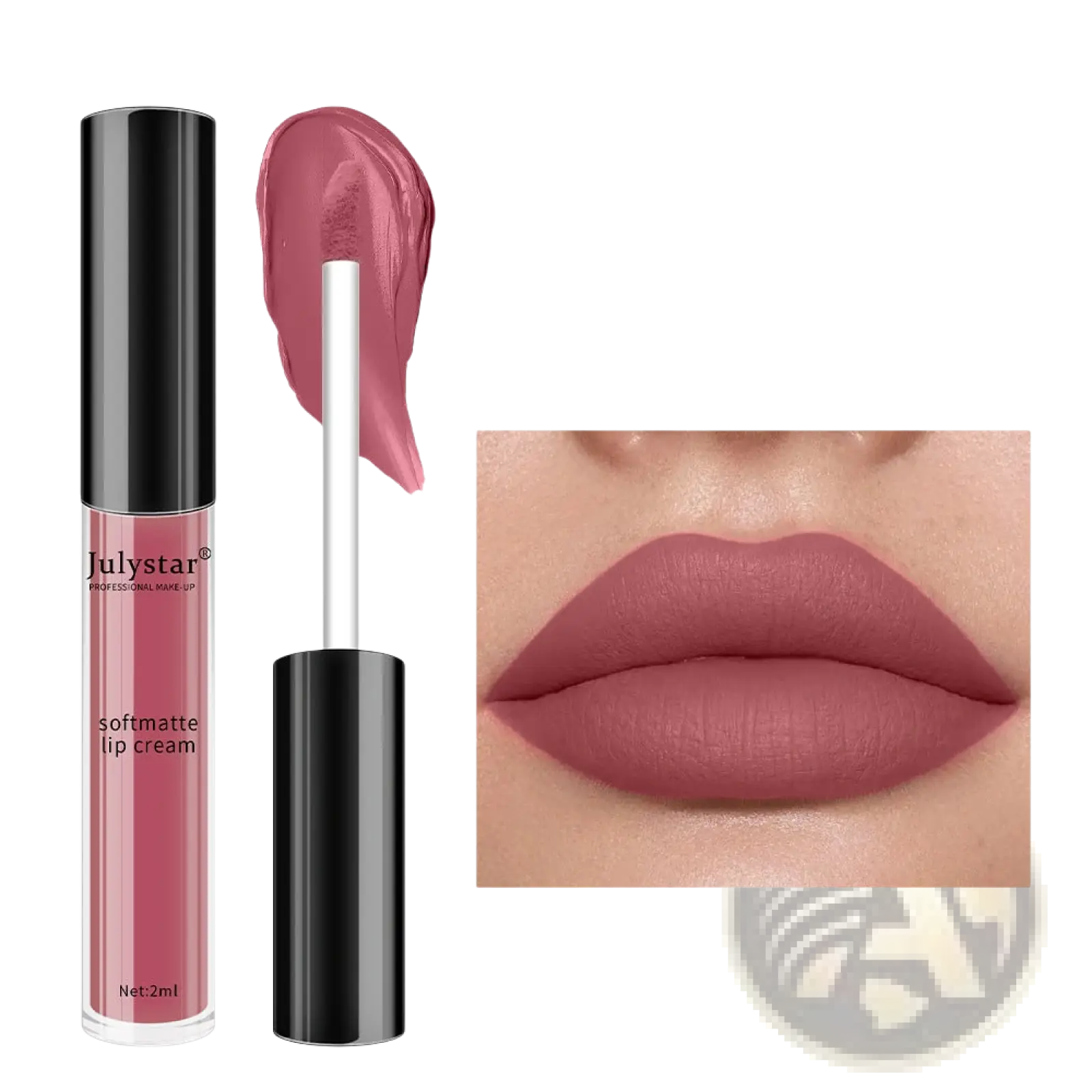 Julystar matte lip cream nonstick liquid lipstick 2ml in shade 05 with sleek black tube and muted rose pink liquid visible