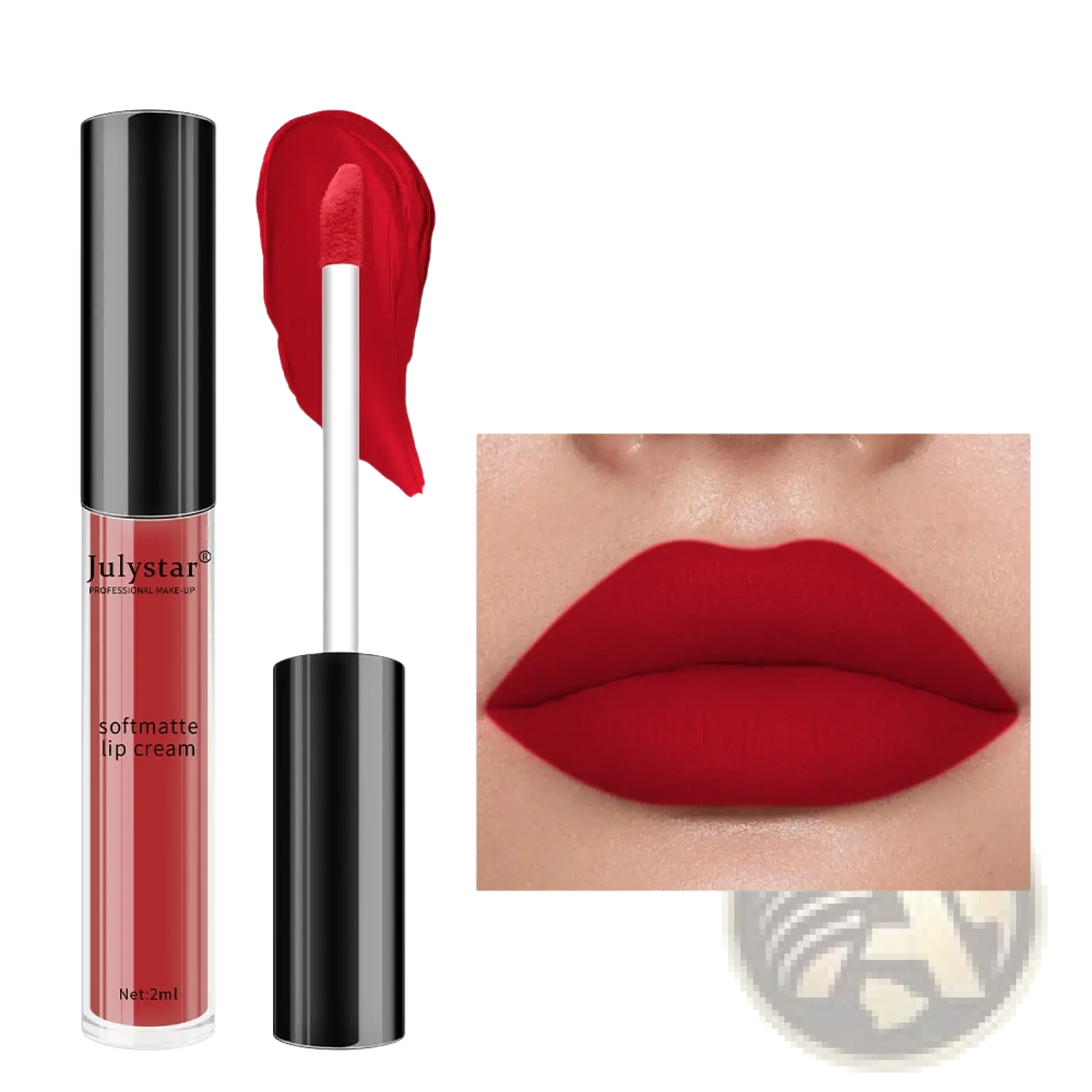 Julystar matte lip cream nonstick liquid lipstick shade 06 red in sleek black cylindrical tube with transparent body 2ml