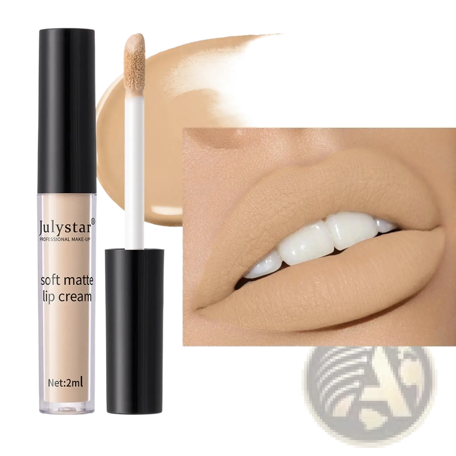 Julystar matte lip cream nonstick liquid lipstick 2ml in shade 01# shown in sleek black tube with white applicator on lips