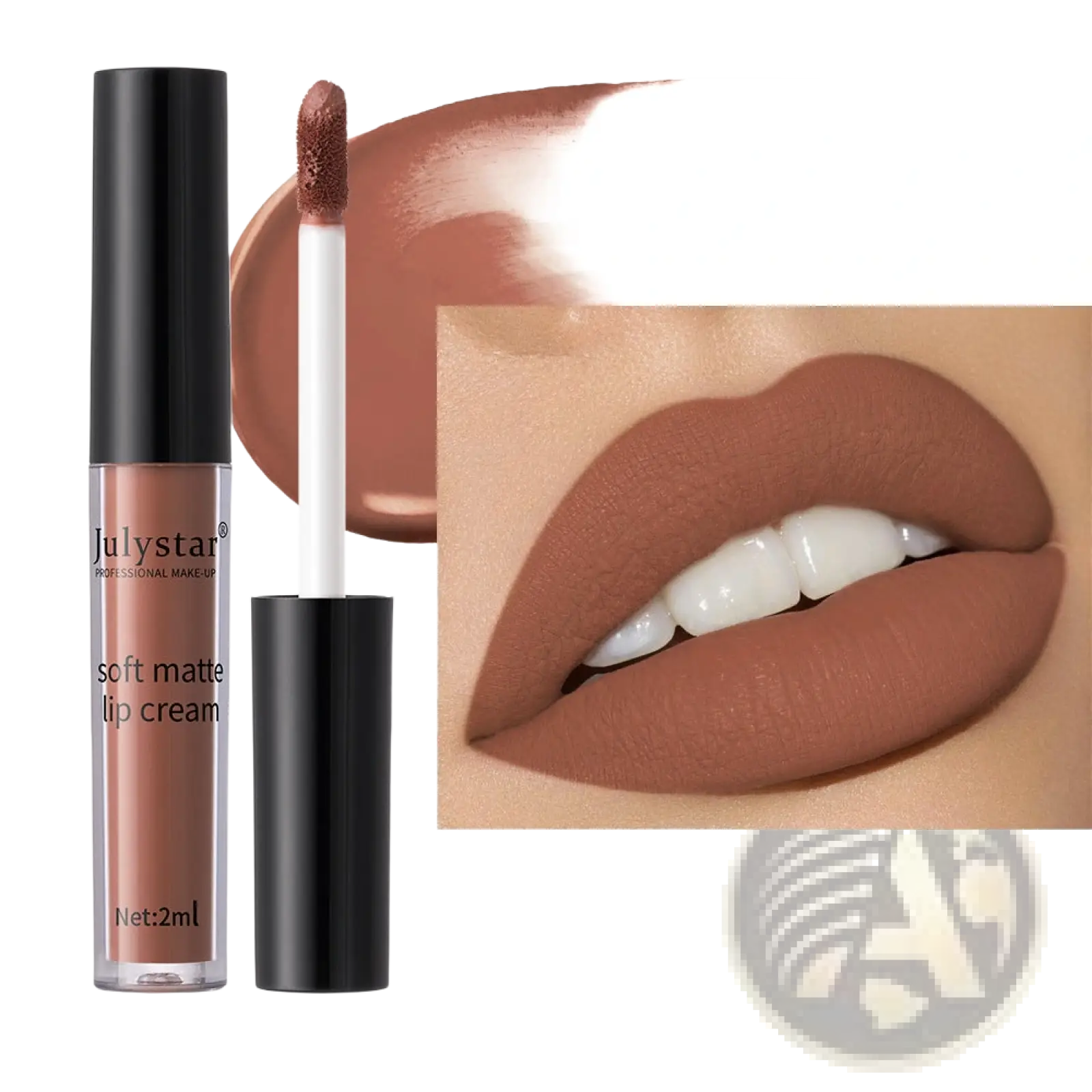 Julystar matte lip cream nonstick liquid lipstick 2ml in shade 04 warm brownish nude in sleek black tube with white applicator