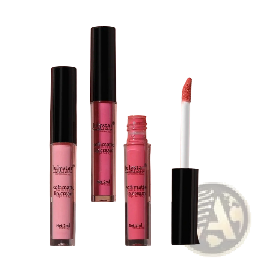 Three julystar matte lip cream nonstick liquid lipsticks in pink shades with clear glass tubes and black caps
